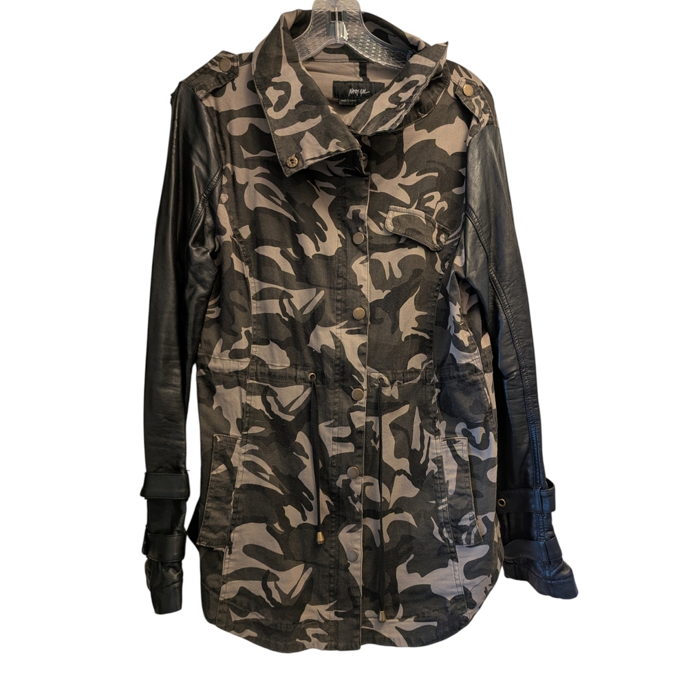 Nasty Gal Camouflage Utility Jacket with Black Vegan Leather Sleeves - M